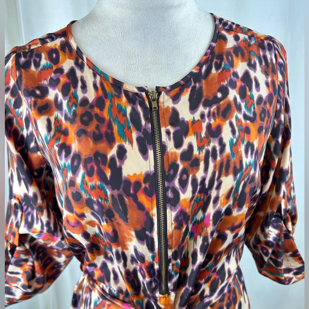 Bar III Orange Multicolor Leopard-Print Zip-Front‎ Tie-Waist Mini Dress - Picture 2 of 9